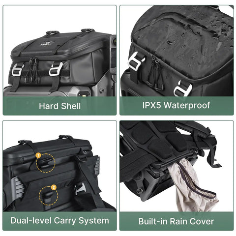 Lancer Camera Backpack With 1.5m Extendable Magic Arm showing hard shell, waterproof material, carry system, and rain cover.