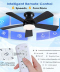 41 Inch Black Flush Mount Ceiling Fan With Lights Remote Control shown with 6 speed features and remote functions displayed