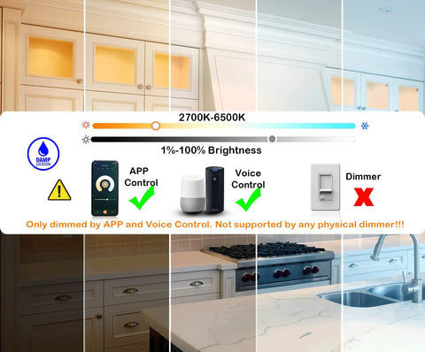 Six Pack 3-Inch Smart WiFi Recessed LED Lights in kitchen showing dimming control 2700K-6500K compatibility with app and voice control