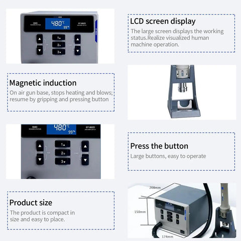 LCD display and features of Hot Air Soldering Station With 1000W Power, ST862D Digital Rework Station, detailing size and magnetic induction.