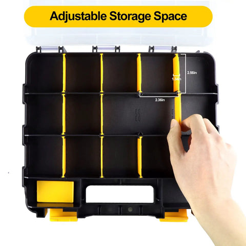 Double Sided Tool Box Organizer For Hardware Storage with clear lid, 34 compartments, hand adjusting dividers