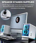 Desktop Active Monitor Speakers With 70W Total Power Hi Res Audio Two Point Seven Five Inch Long Throw Aluminum Diaphragm Mid Low Drivers Bluetooth Streaming Includes Stands White Finish Crisp Studio Quality Sound on desk with PC.