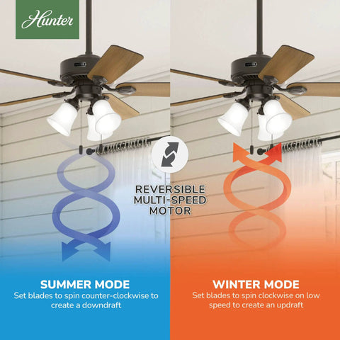 Indoor Ceiling Fan With Dope LED Lights 44 Inch Bronze Finish Five Blades Pull Chain For Bedroom Living Room Or Kitchen Standard Mount No Remote Energy Efficient Bright Lighting And Chill Airflow showing summer and winter modes.