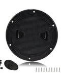 Rock Solid Two Pack Black 4 Inch Round Non Slip Marine Deck Hatch With Detachable Cover And Top Shelf Rubber Seal For Yachts Boats Kayaks And Rv Uv Resistant Abs with screws and rubber covers.