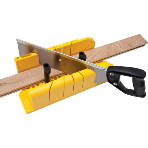 Miter Box With Saw For Clean 90 45 And 22.5 Degree Angled Cuts, yellow base, cutting a wooden piece, easy to use for DIYers.