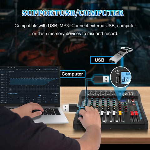 Person using 6 Channel USB Audio Mixer For Streaming And DJ Sets With Built In 16 DSP Effects next to laptop with USB connection.
