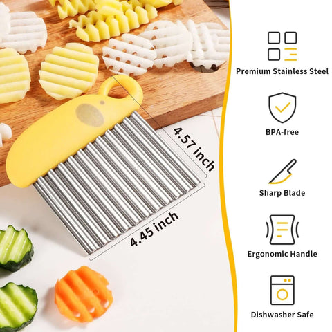 Crinkle Cutter & French Fry Cutter with yellow ergonomic handle and 4.57-inch stainless steel blade.