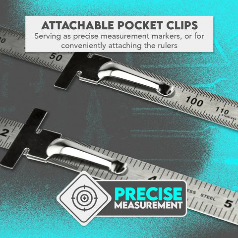 Stainless Steel SAE And Metric Ruler Set With Detachable Clips, Pro Grade Precision Tools; closeup of pocket clips on rulers.