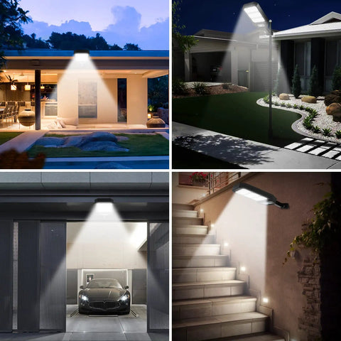 Ultra Bright Solar Street Lights Outdoor Two Pack With 279 LEDs illuminating patio, garden, garage, and stairway at night
