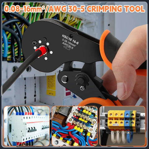 Person using Ferrule Crimping Tool Kit All-In-One With Self-Adjusting Pliers, 0.08-16 Mm2 AWG 30-5, Includes 2050 Wire Connectors