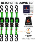 Super Sweet Retractable Ratchet Straps 1 Inch By 12 Feet 4pk set of four green tie downs with S hooks and storage bag.