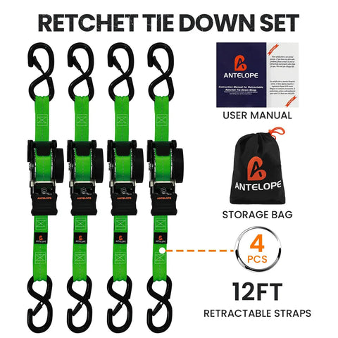 Super Sweet Retractable Ratchet Straps 1 Inch By 12 Feet 4pk set of four green tie downs with S hooks and storage bag.