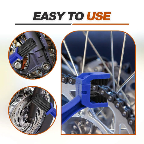 Universal 2 Piece Bike And Motorcycle Chain Cleaning Brush Set Red And Blue Handles In Use On Bike Chain