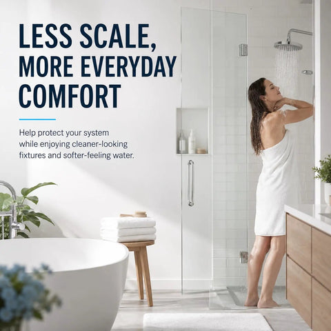 Woman showering in bright bathroom demonstrating Real Deal Inline Water Softener For Every Residential Heater Kick Stubborn Calcium Crust To The Curb While Keeping Your Plumbing Smooth With NSF Certified Resin Guard.