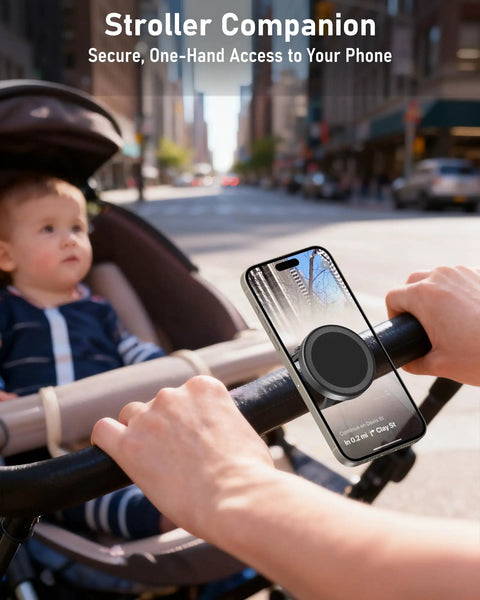 One-hand use of stroller phone holder with MagSafe compatibility and magnetic handlebar mount for indoor use, 17 strong N52 magnets