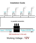 Installation guide for Low Voltage 12V Outdoor Landscape Lighting 6 Pack, showing parallel connection setup with transformer.