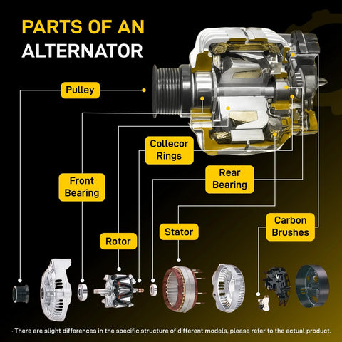 Diagram showing parts of an alternator including pulley, rotor, stator, bearings, and carbon brushes in detail.