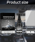 Chips And Cracks Be Gone 2026 Upgrade Windshield Crack Repair Kit box, liquid bottle, and repair tools product size display