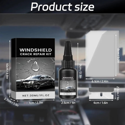 Chips And Cracks Be Gone 2026 Upgrade Windshield Crack Repair Kit box, liquid bottle, and repair tools product size display