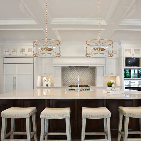 Elegant kitchen with two Gold Drum Pendant Light Fixture, 3-Light Pendant Lighting For Kitchen Island, Sleek Modern Foyer Chandelier