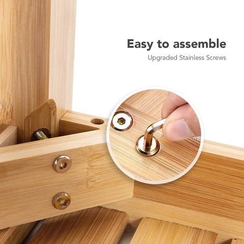 Detail of Bamboo Shower Bench With Underneath Storage Shelf For Indoor Or Outdoor Use showing assembly with stainless screws