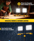 Ultra Bright LED Work Light With Stand Dual Head Adjustable Flood Light on tripod in workshop and rain conditions