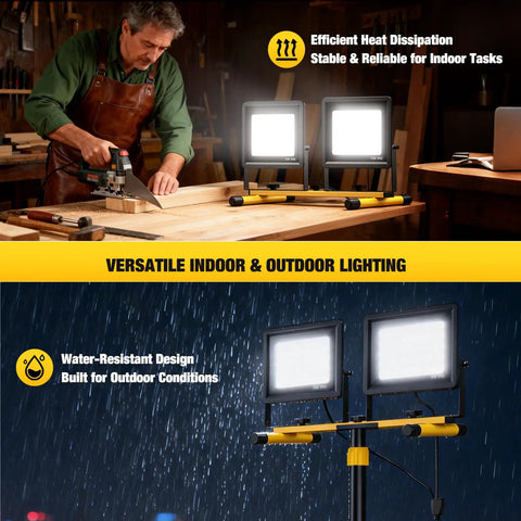 Ultra Bright LED Work Light With Stand Dual Head Adjustable Flood Light on tripod in workshop and rain conditions
