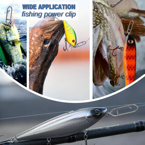 Pro Grade Fishing Power Clips 200 Pack Quick Change Stainless Steel Lure Connectors attached to lures in freshwater and saltwater setups.