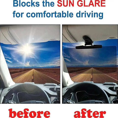 Snuffing That Road Shine With This Badass Anti Glare Car Sun Visor Built For The Tesla Cybertruck showing before and after glare reduction.