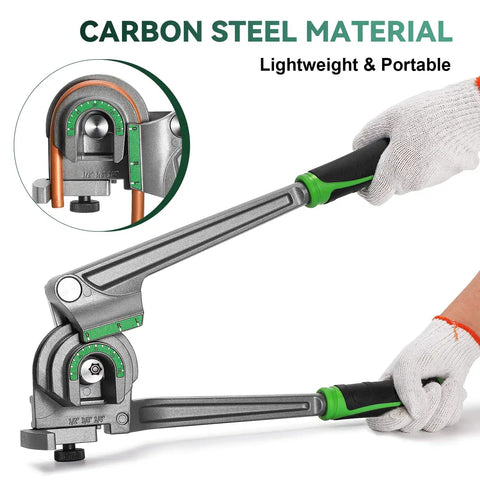 3 In 1 Tubing Bender For 1/4 Inch, 3/8 Inch, 1/2 Inch OD Copper And Aluminum Tubes being used by gloved hands, carbon steel material.