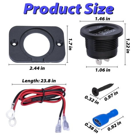Car Battery Voltage Meter 12V 24V Digital Volt Gauge For Auto Battery Health And Level Monitoring Prevent Draining Prolong Battery Life Easy Readouts Ideal For Vehicle Electrical System Management size diagram with ABS mount, wires, screw