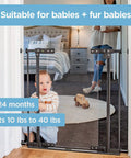 Adjustable Clear Acrylic Baby Gate for Stairs, black frame, clear acrylic panel, child sitting, lit room behind, pressure mounted.