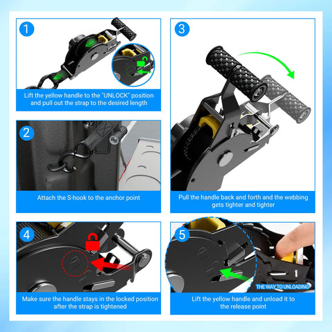 Instructions for using 2 Pack Retractable Ratchet Straps For Toyota Tundra 2022 Through 2026 with easy lock ratchet mechanism.