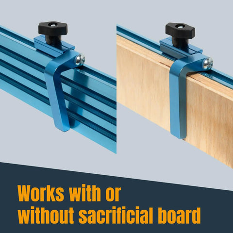 Close-up of 3 Inch Fence Flip Stop for T Track Systems with one quarter inch hex bolt on metal and wood surfaces.