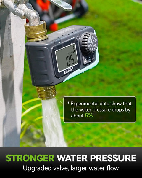 Heavy Duty Metal Garden Hose Timer With Full Flow 100 Percent Metal Pipe connected to outdoor faucet displaying water pressure.