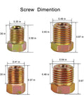 Close-up of four zinc-coated fittings with dimensions, included in the 25 Ft 3/16 Inch Brake Line Kit With Zinc Coated Double Walled Steel Tubing.