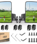 Universal No Drill Golf Cart Side Mirror Set With Folding Design 180 Degree Adjustable HD Glass Fits EZGO Yamaha Club Car And More 0.75 To 1.25 Inch Square Tube Frames Easy Mount, mirror set with hardware and packaging displayed.