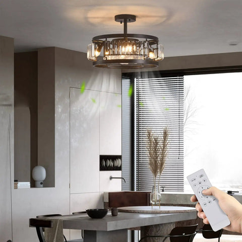 Industrial Crystal Ceiling Fan With Lights, Flush Mount Low Profile Ceiling Fan For Bedroom Kitchen Dining, remote control view