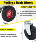 Flexible & stable wheels of the Premium Aluminum 3 In 1 Convertible Dolly Cart And 1000 Lb Hand Truck with 10-inch tires and 5-inch casters.