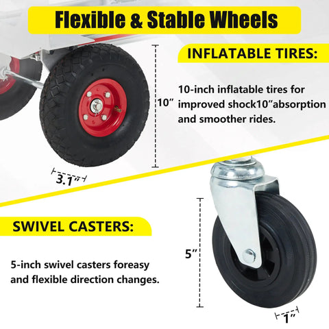 Flexible & stable wheels of the Premium Aluminum 3 In 1 Convertible Dolly Cart And 1000 Lb Hand Truck with 10-inch tires and 5-inch casters.
