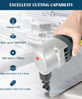 Electric Sheet Metal Nibbler Cutter with 1700 RPM high speed rotor cutting metal sheet, showing excellent cutting capability.