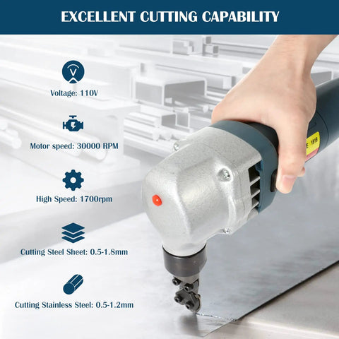 Electric Sheet Metal Nibbler Cutter with 1700 RPM high speed rotor cutting metal sheet, showing excellent cutting capability.