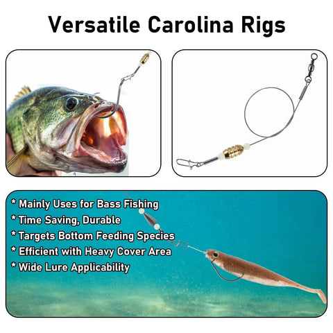 15 Pack Bangin Carolina Ready Rigs For Bass And Freshwater Fishing 10 Inch Wire Leader Pre Rigged With Bullet Sinker Swivels Brass Three Eighth Ounce Sinker And Quick Change Duo Lock Snap on bass lure and rig closeup