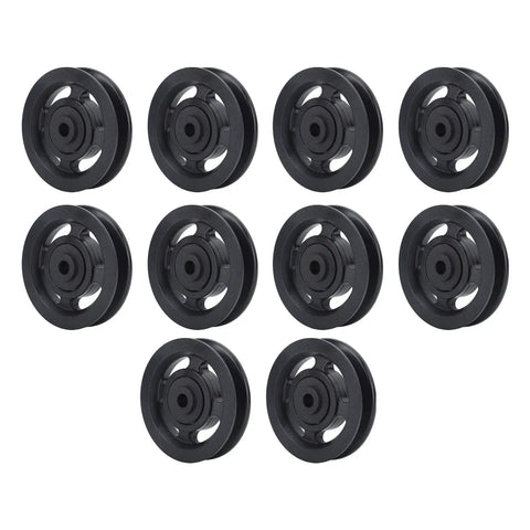 Heavy Duty Smooth Action Nylon Bearing Pulley Wheels 10 Pack with 90mm Diameter and 10mm Center Bore for gym cable systems.