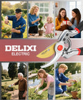 Collage of people using Workhorse Heavy Duty Pruning Shears Bypass Garden Clippers with SK5 Steel Teflon Coated Blade in gardens.