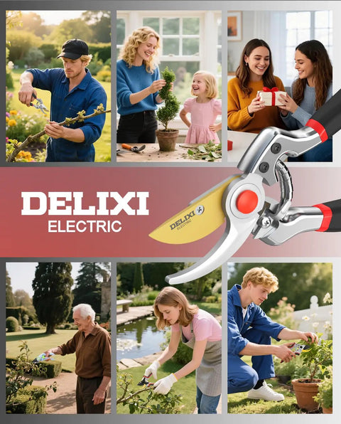 Collage of people using Workhorse Heavy Duty Pruning Shears Bypass Garden Clippers with SK5 Steel Teflon Coated Blade in gardens.