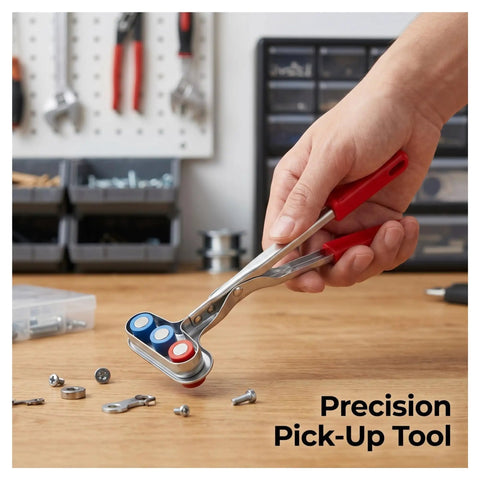 Hand using Dual Head Magnetic Safety Gripper For Metal Fabrication, Tough As Nails Magnetic Jaw Tool For Punch Press Work, Durable Carbon Steel Construction, 3 Kg Suction Weight, Fast Grab, Reliable Pickup And Secure Workpiece Handling on small parts