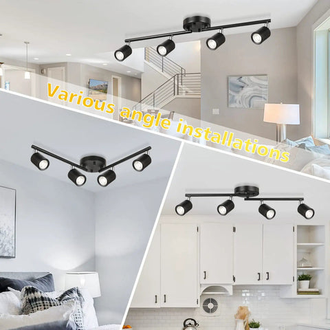 Four Light Track Lighting Kit With Rotatable Black LED Heads Dimmable 1600 Lumens Daylight White 5000K in modern interiors.