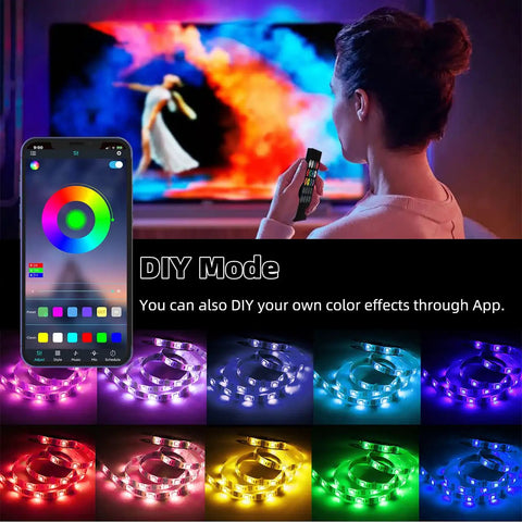 RGB Under Cabinet Lighting Kit With App Control And Remote, showing color options and app interface for custom light settings.