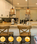 Totally Cordless Boho Rattan Battery Chandelier With A Super Chill Warm White Glow, handwoven light over a kitchen island.